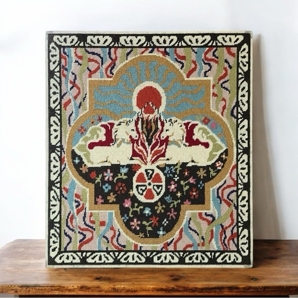 Large Needlepoint Featuring Unicorns and a Geometric Design